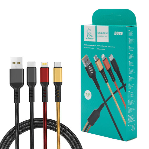 KABEL USB 3W1 DENMEN KOLOR 2,4A 1M WZMACNIANY OPLOT D02E 6973224870176