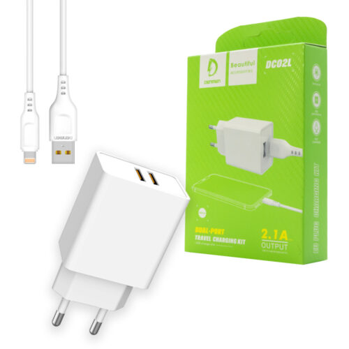 ŁADOWARKA SIECIOWA 2.1A 10W  BIAŁA DENMEN 2100mA 2xUSB DC02 + KABEL IPHONE WHITE 6973224870404