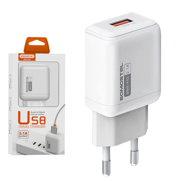 ŁADOWARKA SIECIOWA 2.1A  USB BIAŁY SOMOSTEL 2100mA 10W SMS-A52 10W