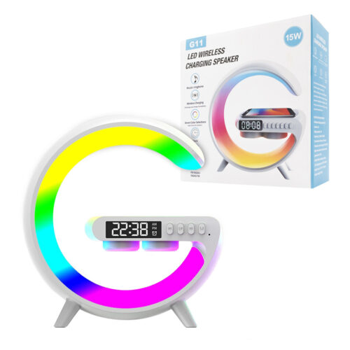 ECOBOX LAMPKA NOCNA LED ŁADOWARKA INDUKCYJNA QI GŁOŚNIK ZEGAR BUDZIK RGB DUŻA 5904238718919