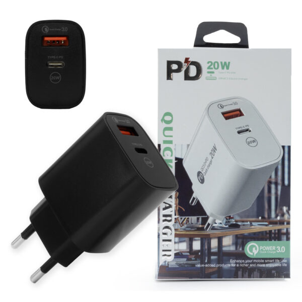 ECOBOX ŁADOWARKA SIECIOWA PAX 20W USB+TYP-C CZARNY PD SINGLE