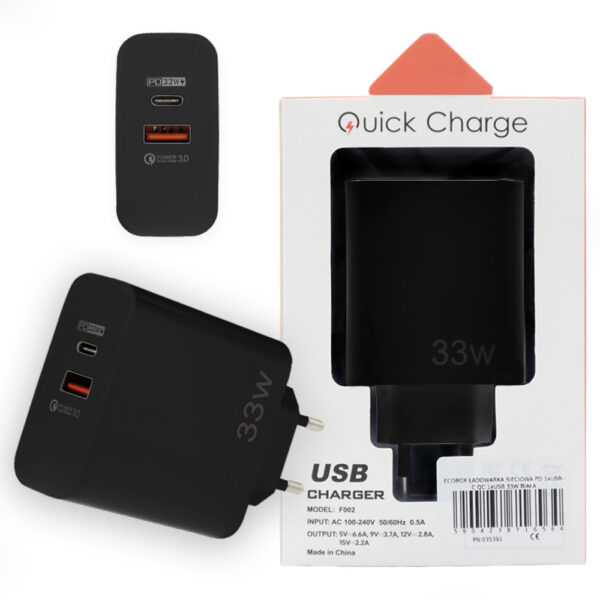 ECOBOX ŁADOWARKA SIECIOWA PAX TYP-C PD 1xTYP-C 1xUSB 33W DUAL CZARNY