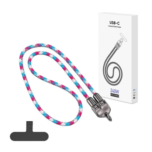 ECOBOX KABEL  240W TYP-C DO TYP-C SMYCZ NA SZYJE TĘCZA RÓŻ/NIEB 5904238719572