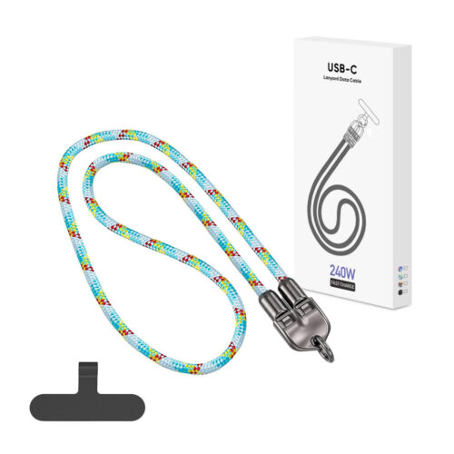ECOBOX KABEL  240W TYP-C DO TYP-C SMYCZ NA SZYJE TĘCZA BIAŁA 5904238719589