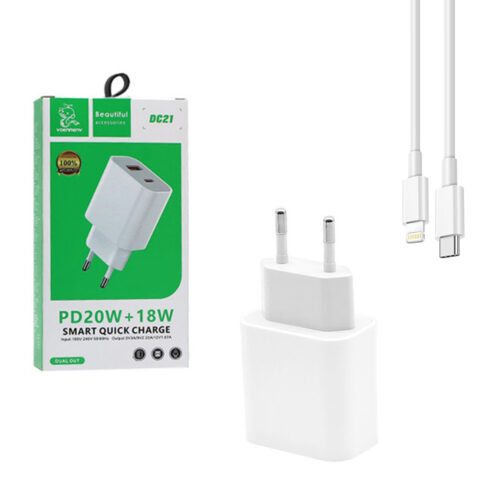 ŁADOWARKA SIECIOWA 3A 20W BIAŁA DENMEN 3600mA DC21 USB+TYP-C PD+C3.0 + KABEL USB TYP-C DO LIGHTNING 2A BIAŁY USB 3.0 PD USB-C