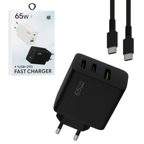 ECOBOX ŁADOWARKA SIECIOWA GAN PD 2xUSB-C 1xUSB 65W T6530 CZARNY + KABEL TYP-C DO TYP-C 5A 100W 1M CZARNY