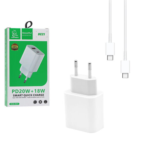 ŁADOWARKA SIECIOWA 3A 20W BIAŁA DENMEN 3600mA DC21 USB+TYP-C PD+C3.0 + KABEL USB TYP-C DO TYP-C PD USB-C 3,6A DENMEN BIAŁY 1M D20C 100W