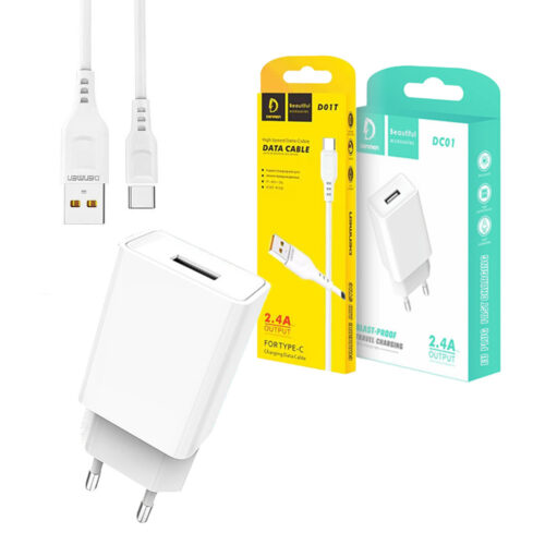 ŁADOWARKA SIECIOWA 2.4A DENMEN BIAŁA 2400mA DC01 12W SINGLE + KABEL TYP-C D01T
