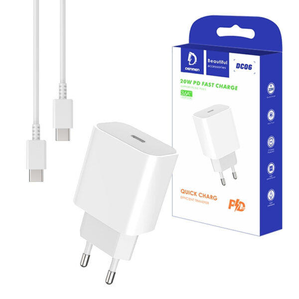 DENMEN ŁADOWARKA SIECIOWA 3,6A 20W BIAŁA DENMEN + KABEL  TYP-C DO TYP-C 1m