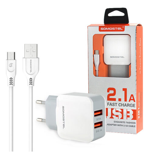 SOMOSTEL ŁADOWARKA SIECIOWA 10W 2.1A + KABEL MICRO USB BIAŁA 2XUSB DUAL SMS-A13 5902012966594