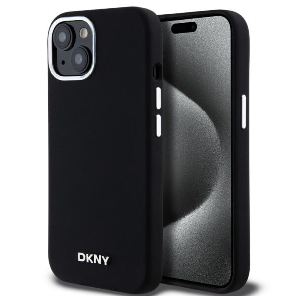 DKNY LIQUID SILICONE SILVER METAL LOGO MAGSAFE CASE FOR IPHONE 15 CZARNY 3666339265717