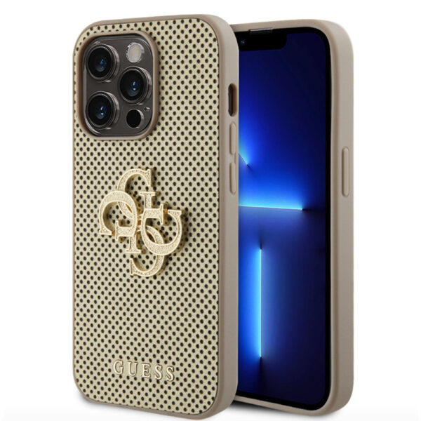 GUESS PU PERFORATED 4G GLITTER METAL LOGO CASE FOR IPHONE 15 PRO ZŁOTY 3666339151584