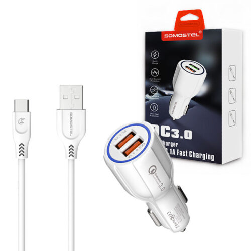 ŁADOWARKA SAMOCHODOWA 3A+2A BIAŁA + KABEL TYP-C SOMOSTEL 3100mA + 2100mA 2XUSB DUAL A45 QUICK CHARGE QC 3.0 5902012966655