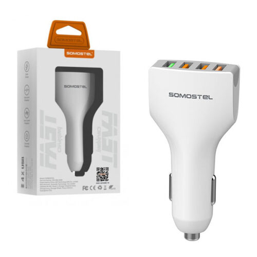 ŁADOWARKA SAMOCHODOWA 3A+2.4A BIAŁA SOMOSTEL 3100mA + 2400mA 4XUSB DUAL SA66W QUICK CHARGE QC 3.0 SMS-A66 5902012966693