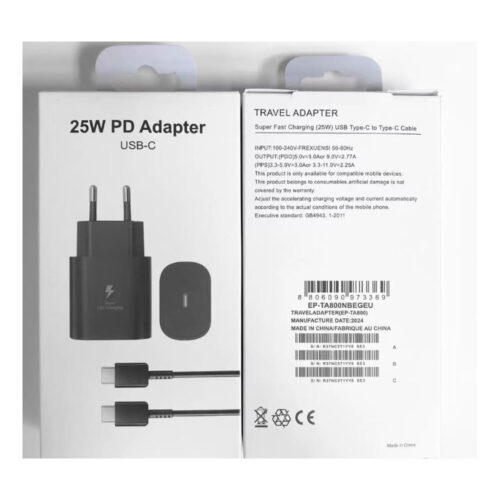 PUDEŁKO ŁADOWARKA SIECIOWA  25W PD KABEL USB-C DO USB-C. czarny