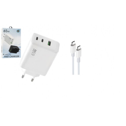 ECOBOX ŁADOWARKA SIECIOWA GAN PD 2xTYP-C 1xUSB 65W TA6530 BIAŁA + KABEL USB PD TYP-C DO TYP-C 5A 100W 1M BIAŁY USB3.0