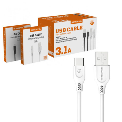 KABEL USB TYP-C 3.1A SOMOSTEL BIAŁY 3100mAh QUICK CHARGER QC 3.0 1.2 M POWERLINE SMS-BT09 ECL 5902012966860