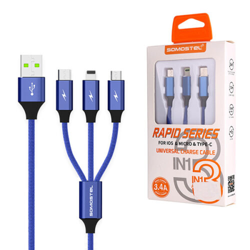 KABEL USB 3W1 3.4A SOMOSTEL NIEBIESKI 3400mAh QUICK CHARGER QC 3.0 1,2M POWERLINE SMS-BW03 5902012966907