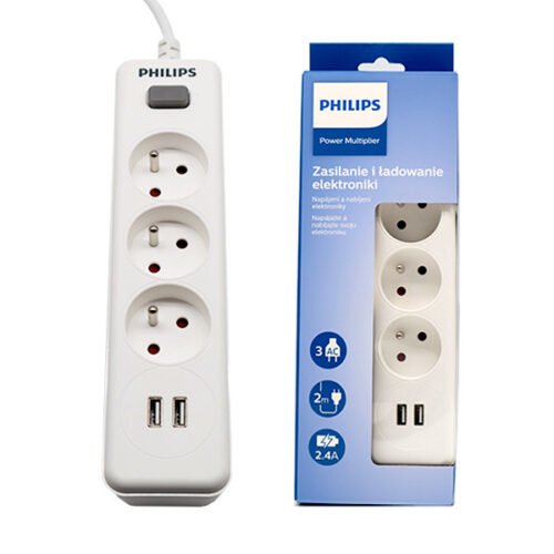 PRZEDŁUŻACZ SIECIOWY PHILIPS LISTWA ZASILAJĄCA PRZEPIĘCIOWA BIAŁA 3 GNIAZDA 2XUSB 2M SPN3032WA/60 4895229136885
