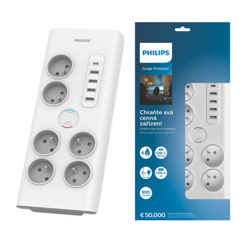 PRZEDŁUŻACZ SIECIOWY PHILIPS LISTWA ZASILAJĄCA PRZEPIĘCIOWA 6 GNIAZD + 5 USB 2M BIAŁA 16A SPN7060WA 4895229118447