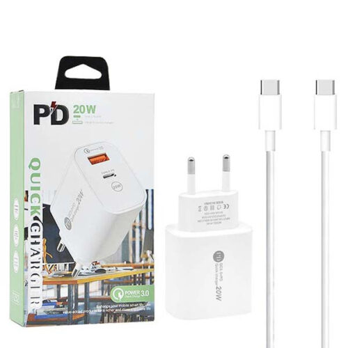 ECOBOX ŁADOWARKA SIECIOWA PAX 20W USB+TYP-C + KABEL TYP-C/TYP-C PD