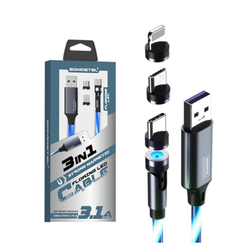 KABEL USB 3W1 3.1A SOMOSTEL MAGNETIC LED BLUE QUICK CHARGER QC 1.2M POWERLINE SMS-BY04 TYP-C MICRO IPHONE