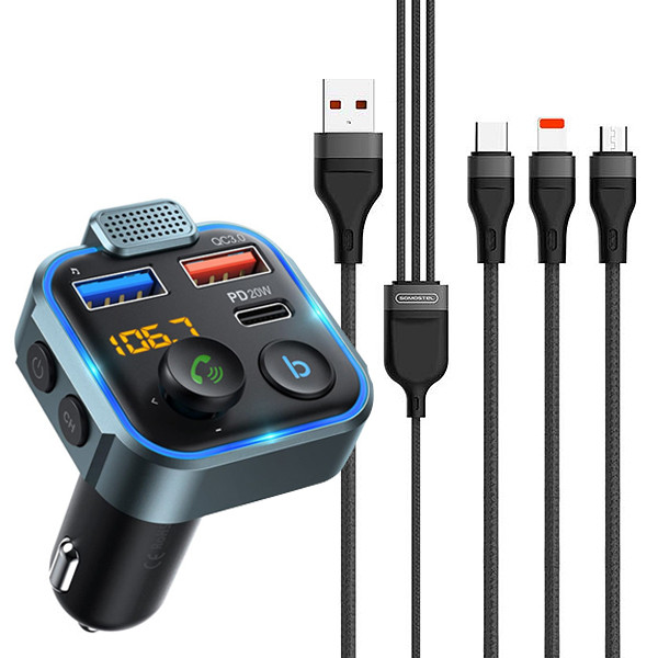 ZESTAW ECOBOX TRANSMITER FM  12/24 V BLUETOOTH 2 X USB + PD 20W + KABEL USB 3W1  CZARNY 2,4A