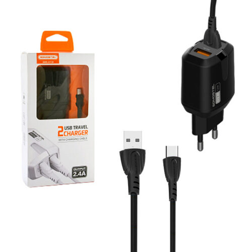 SOMOSTEL ŁADOWARKA SIECIOWA 12W 2.4A + KABEL TYP-C CZARNA USB-C  2XUSB DUAL SMS-A139 5902012967621