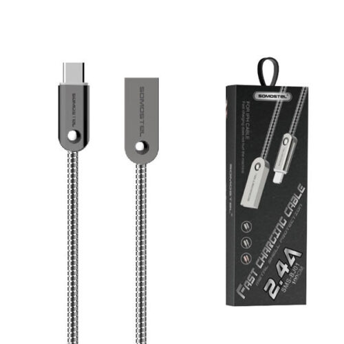 KABEL USB TYP-C 2.4A SOMOSTEL SREBRNY 2400mAh QUICK CHARGER QC 3.0 1M POWERLINE SMS-BJ01 USB-C METAL 5902012969304