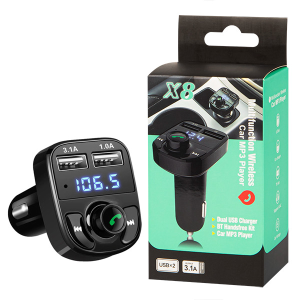 ECOBOX TRANSMITER FM BLUETOOTH UNIWERSALNY + ŁADOWARKA 3,1A ZESTAW GŁOŚNOMÓWIĄCY FM X8 CZARNY