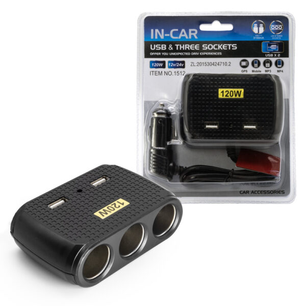 ECOBOX ROZGAŁĘZIACZ ROZDZIELACZ GNIAZDA ZAPALNICZKI CAR FIRE 3 GNIAZDA + USB 4.2A CZARNY 120W 5902270733150
