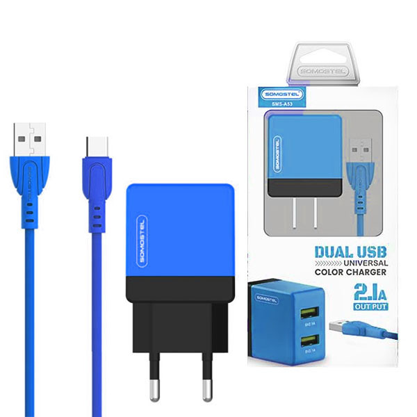 ŁADOWARKA SIECIOWA 2A + KABEL TYP-C NIEBIESKI SOMOSTEL 2100mA 2XUSB DUAL USB-C SMS-A53 10,5W