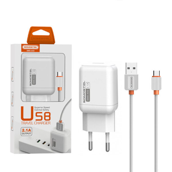 ŁADOWARKA SIECIOWA 2A + KABEL TYP-C BIAŁY SOMOSTEL 2100mA USB-C SMS-A52 10W 5902012968758