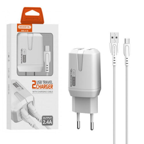 SOMOSTEL ŁADOWARKA SIECIOWA 12W 2.4A + KABEL MICRO USB BIAŁA 2XUSB DUAL SMS-A139