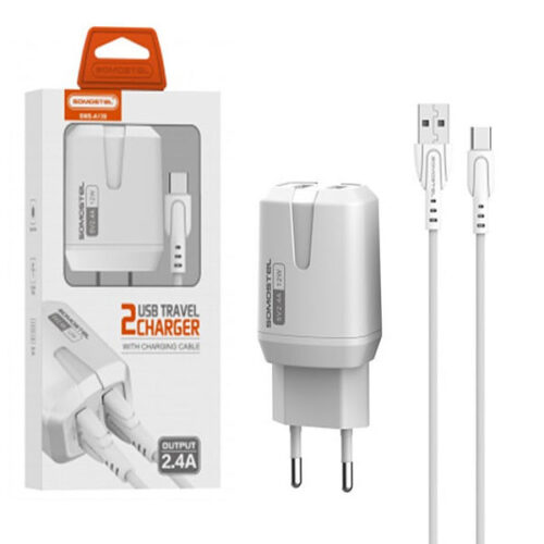 SOMOSTEL ŁADOWARKA SIECIOWA 12W 2.4A + KABEL TYP-C BIAŁA USB-C 2XUSB DUAL SMS-A139