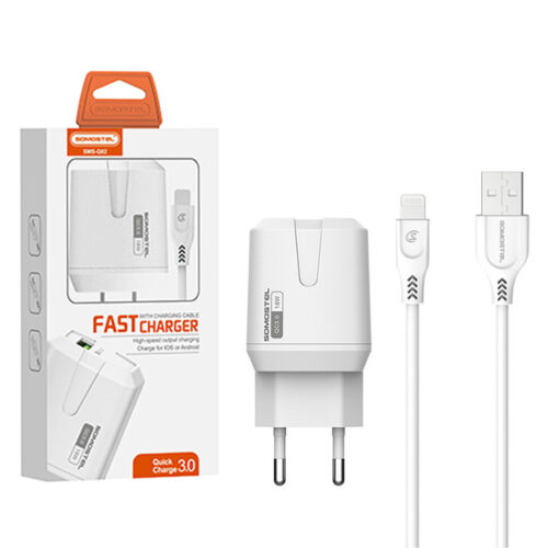 ŁADOWARKA SIECIOWA 3A 18W + KABEL IPHONE BIAŁA  SOMOSTEL 3000mA USB QC3.0 SMS-Q02