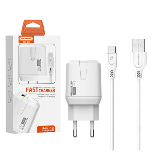 ŁADOWARKA SIECIOWA 3A 18W + KABEL USB - TYP-C BIAŁA SOMOSTEL 3000mA USB QC3.0 SMS-Q02