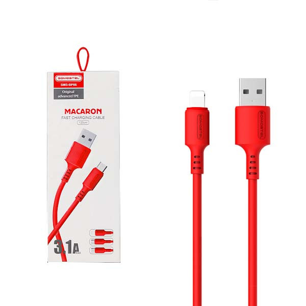 KABEL USB IPHONE 3A SOMOSTEL CZERWONY 3100mAh QUICK CHARGER 1.2M  SMS-BP06 MACARON 5902012968833
