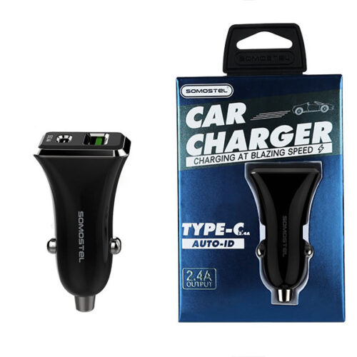 ŁADOWARKA SAMOCHODOWA 3A+2.4A 30W CZARNA SOMOSTEL 3100mA + 2100mA TYPC+USB DUAL SMS-A42B  QC 3.0 PD