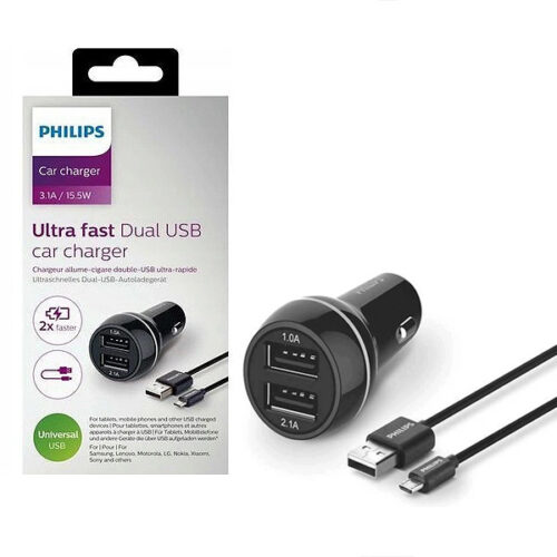 ŁADOWARKA SAMOCHODOWA 2A+1A CZARNA PHILIPS + KABEL MICRO USB 3100mA 2XUSB DUAL 15.5W QUICK CHARGE DLP2357U/10 4895185614496