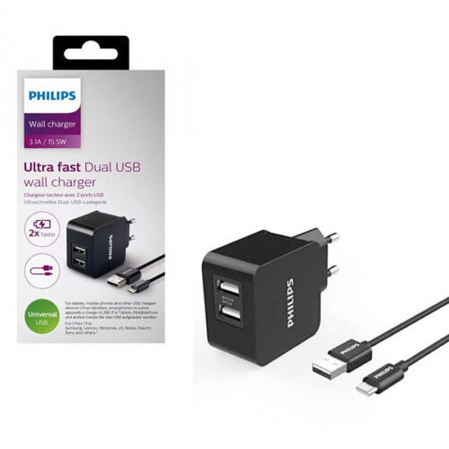 ŁADOWARKA SIECIOWA 3A 15,5W CZARNA PHILIPS + KABEL TYP-C USB-C 3100mA 2XUSB DUAL QUICK CHARGE Phil-DLP2307A/12 6959033844119