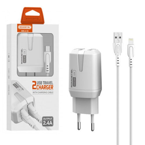 SOMOSTEL ŁADOWARKA SIECIOWA 12W 2.4A + KABEL IPHONE BIAŁA 2XUSB DUAL SMS-A139