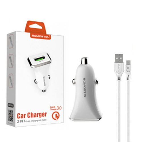 ŁADOWARKA SAMOCHODOWA 3A + KABEL MICRO BIAŁA SOMOSTEL 3100mA SMS-A43 QUICK CHARGE QC 3.0 18W
