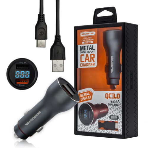ŁADOWARKA SAMOCHODOWA 5A SZARY MIERNIK + KABEL TYP-C SOMOSTEL 30W 2XUSB DUAL SMS-A89 QUICK CHARGE QC 3.0 ALUMINIUM