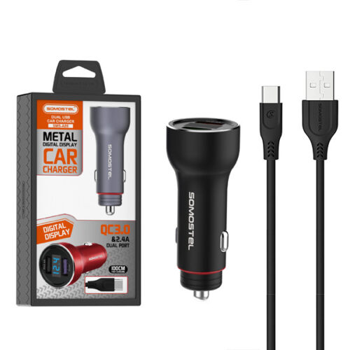 ŁADOWARKA SAMOCHODOWA 5A CZARNA MIERNIK + KABEL TYP-C SOMOSTEL 30W 2XUSB DUAL SMS-A89 QUICK CHARGE QC 3.0 ALUMINIUM