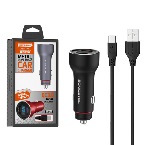 ŁADOWARKA SAMOCHODOWA 5A CZARNA MIERNIK + KABEL TYP-C SOMOSTEL 30W 2XUSB DUAL SMS-A89 QUICK CHARGE QC 3.0 ALUMINIUM