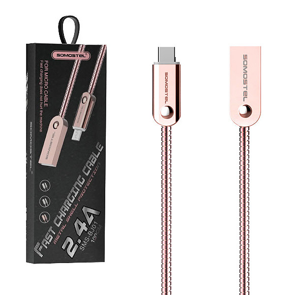 SOMOSTEL KABEL USB MICRO 2.4A RÓŻOWY QC 3.0 1M POWERLINE SMS-BJ01 USB-C METAL 5902012969885