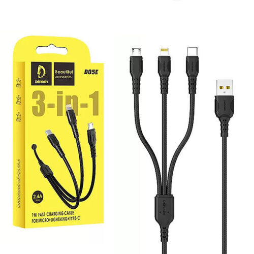 KABEL USB 3W1 DENMEN 2.4A CZARNY 1M D05E TYP-C / MICRO / IPHONE 6973224871029
