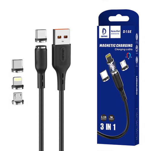 DENMEN KABEL USB 3W1 DENMEN CZARNY D18 MAGNETYCZNY MICRO TYP-C IPHONE 2,4A  1M 6973224871586