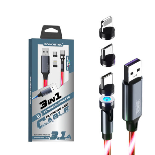 SOMOSTEL KABEL USB 3W1 3.1A MAGNETIC LED RED QUICK CHARGER QC 1.2M POWERLINE SMS-BY04 TYP-C MICRO IPHONE 5904238704226